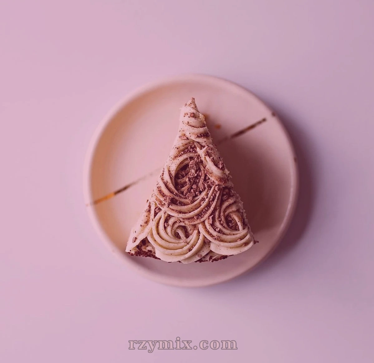 vanilla bean cake soaked with cherry syrup, filled and decorated with sage brown butter cream cheese frosting, coated with chocolate crumbs